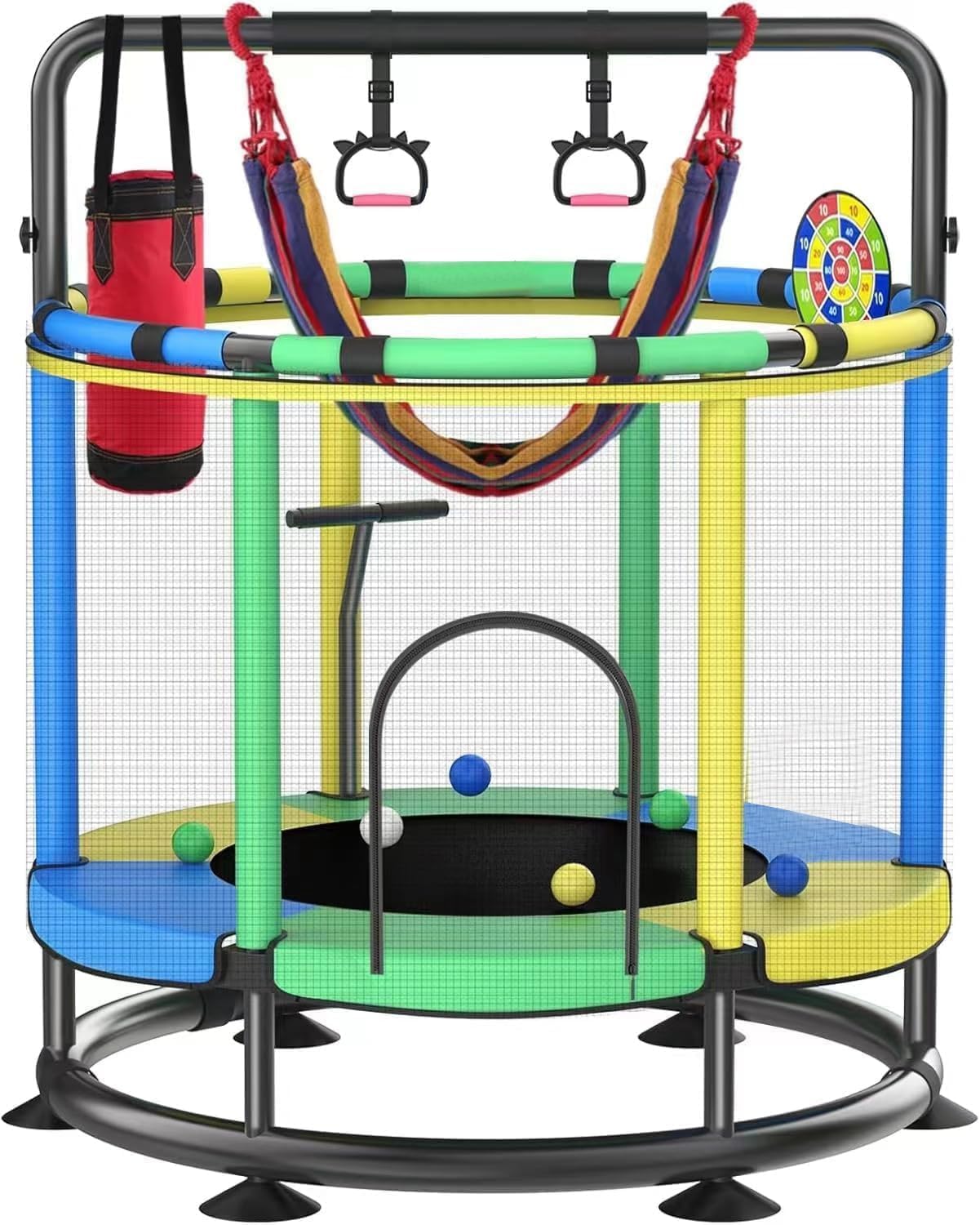 Trampoline for Kids, Full Anti-Rust 440lbs Anti-Rollover Round Bottom Toddler Trampoline, T-handrail Adjustable Baby