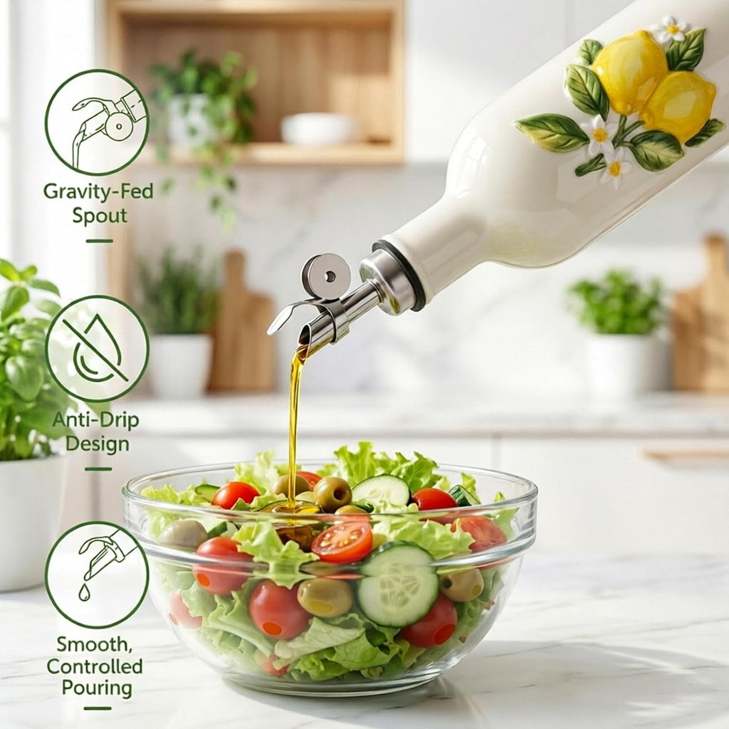 Ceramic Olive Oil Dispenser Bottle with Spout, 18 OZ, Lemon