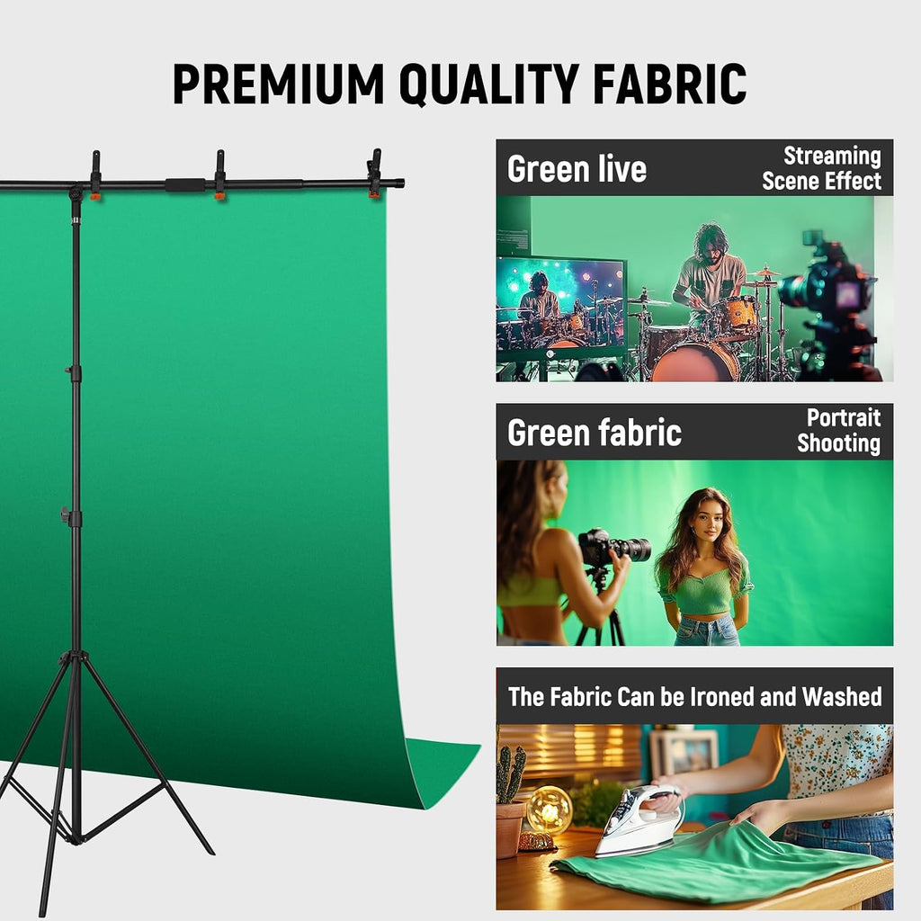 Green Screen Backdrop Kit with T-Shaped Stand 4.6x6ft Greenscreen | Adjustable Photography Background for Streaming