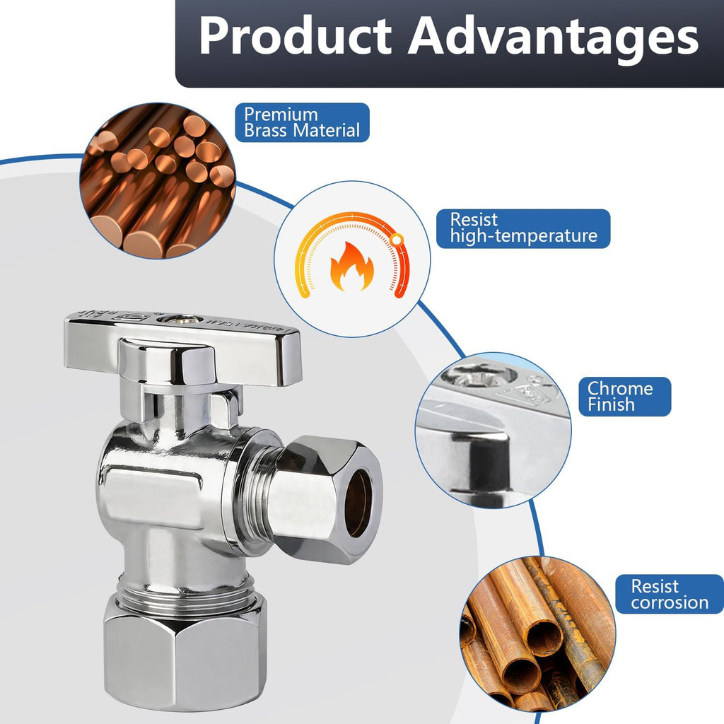 Angle Stop Valve 1/2" Nominal (5/8" OD) x 3/8" Compression | Quarter Turn Toilet Shut Off Reinforced Chrome Plated