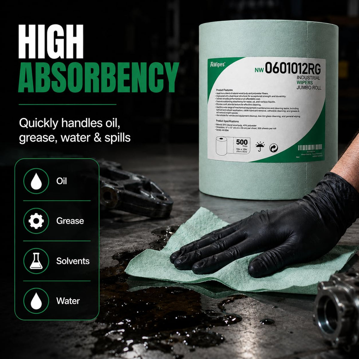 Cleanroom Wipes Roll, 10x12" 500 Sheets Green, Cellulose Polyester