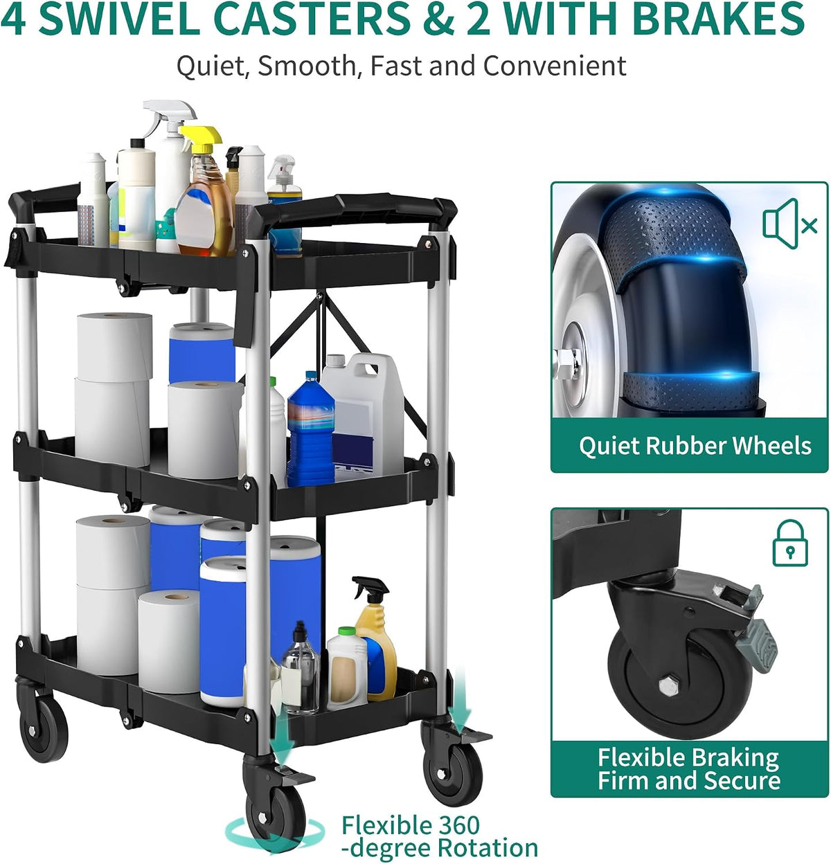 3-Tier Folding Utility Cart with Wheels (2 Brakes), 350lbs