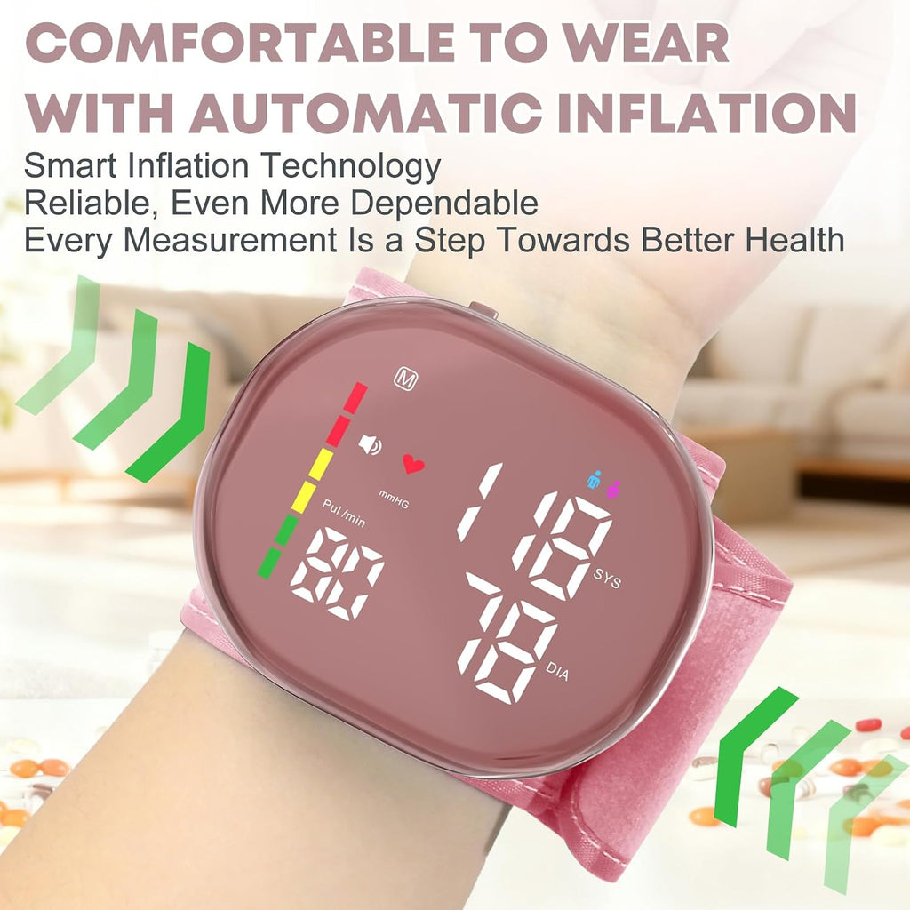 Wrist Blood Pressure Monitor, Rechargeable, Large LED Display, Pink
