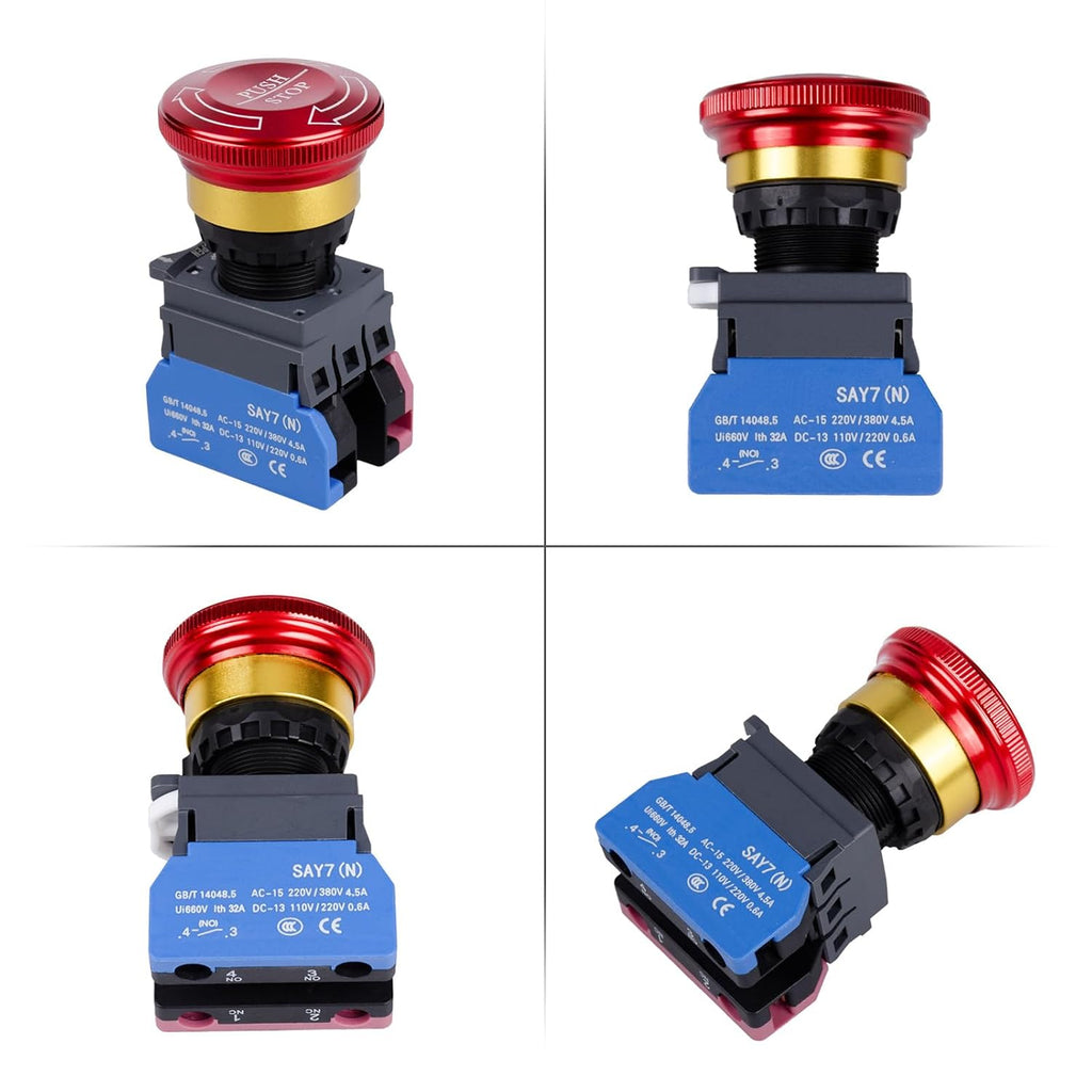 Emergency Stop Button 32A 440V Latching Push Button Switch, 22mm Aluminum Alloy Round E-Stop Button, IP65 Waterproof Self-Locking Shut Off Switch