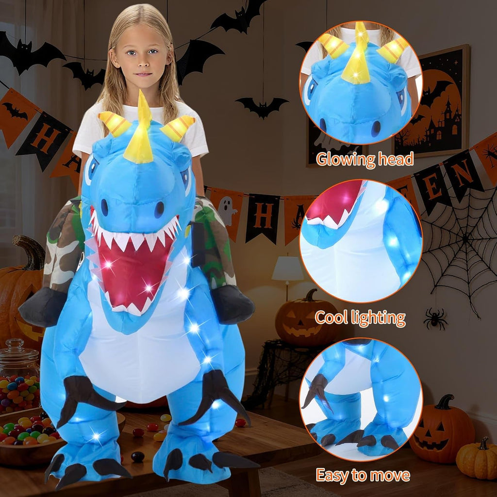 Inflatable Dinosaur Costume for Kids Light Up T-Rex Funny Blow Up Halloween Party Cosplay Dress Up Outfit Boys