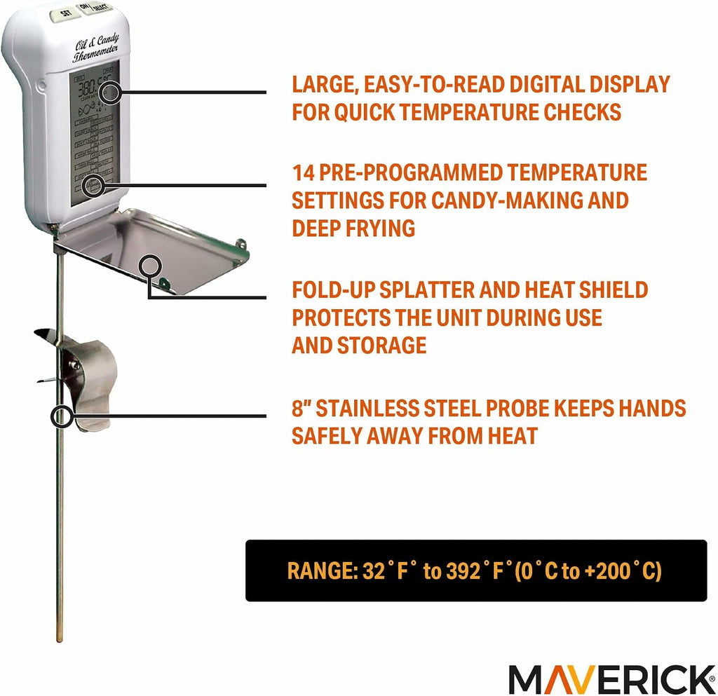 Digital Deep Fry & Candy Thermometer,14 Pre-Programmed Settings, 8 inch Stainless Steel Probe, Fold-Up Splatter