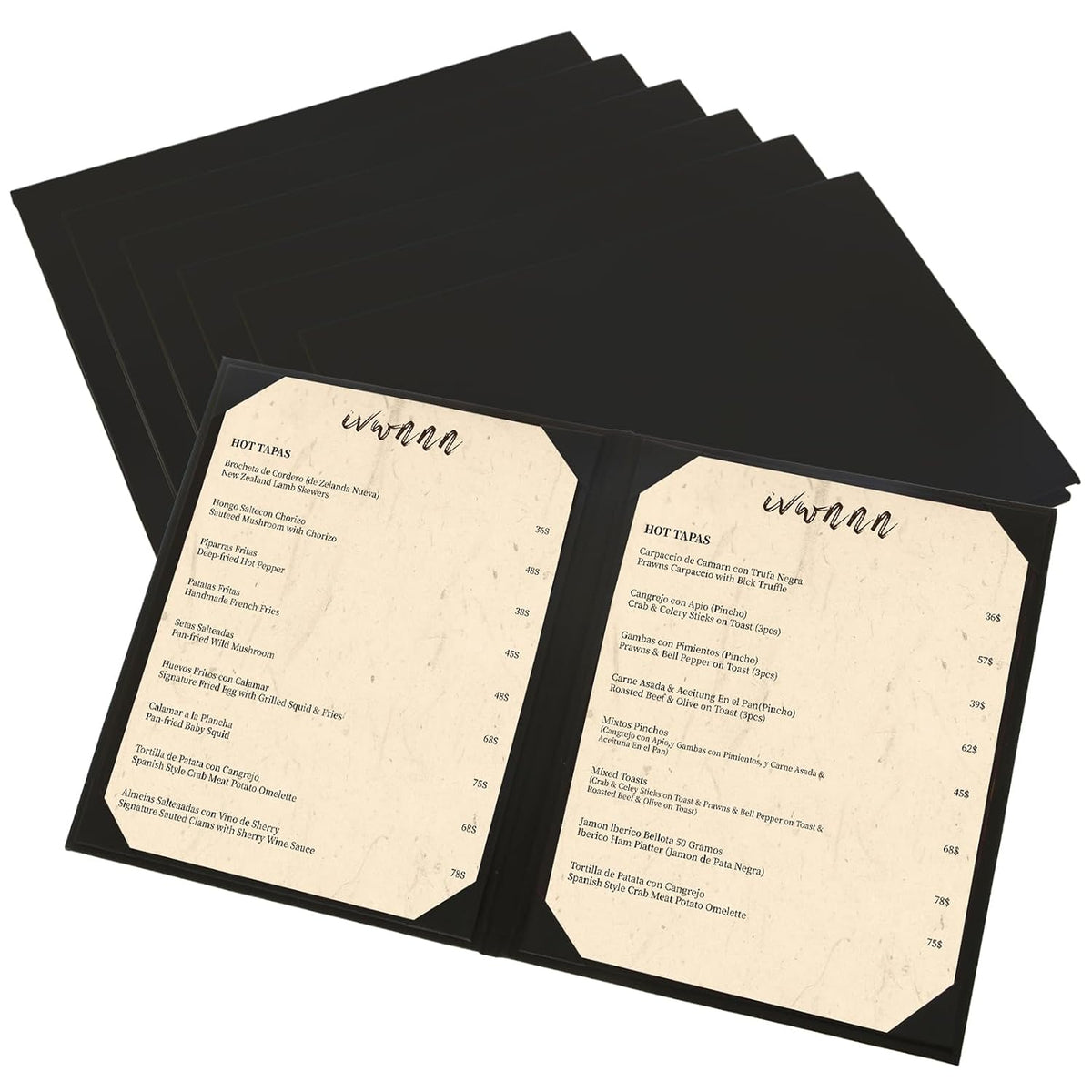 8.5'' x 11'' Menu Covers 6 Pack Black PU Leather Menu Holders Book Style with Angled Corners Double View Menu Sleeves