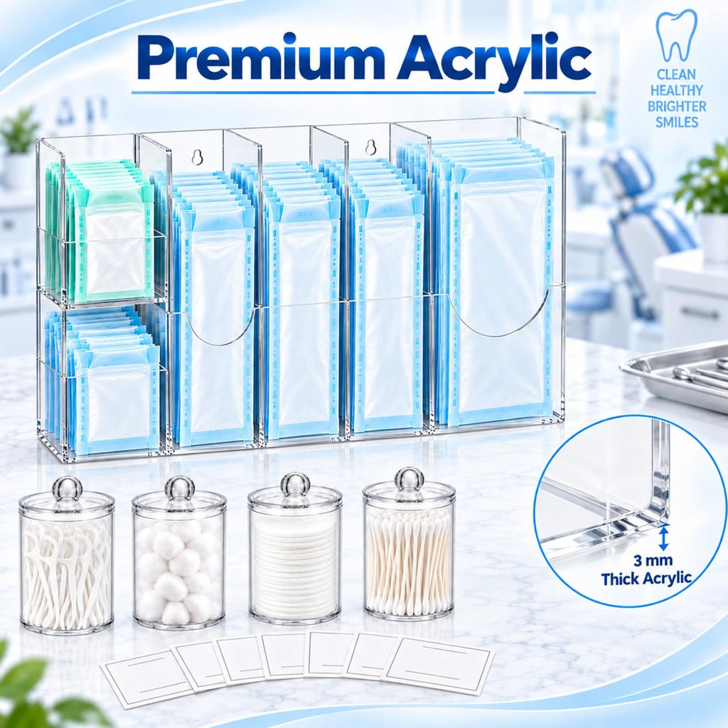 Sterilization Pouch Organizer Set with 4 Jars Acrylic Dental Dispenser Rack