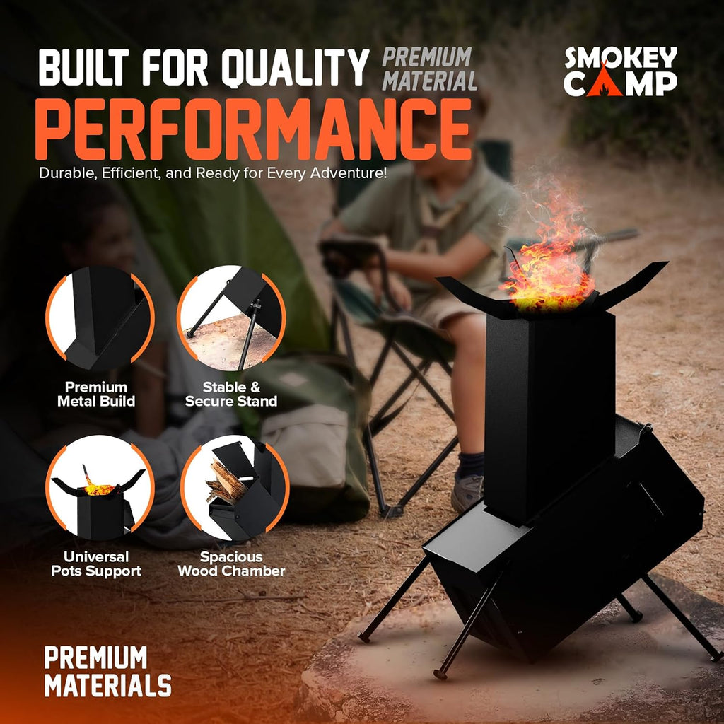 Rocket Stove for Camping Heavy Duty Wood Burning Stove with Adjustable Legs, Portable Wood Burning Fire Camping