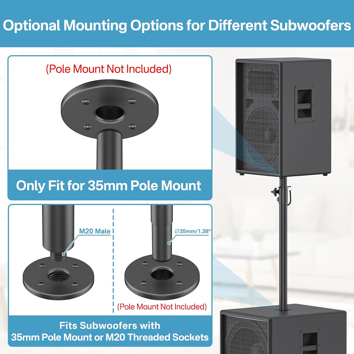 Speaker Pole Fits M20 Thread and 35mm Subwoofer Pole Mount, 1 Pack | 36"-44" Height Adjustable With Tool-Free Knob