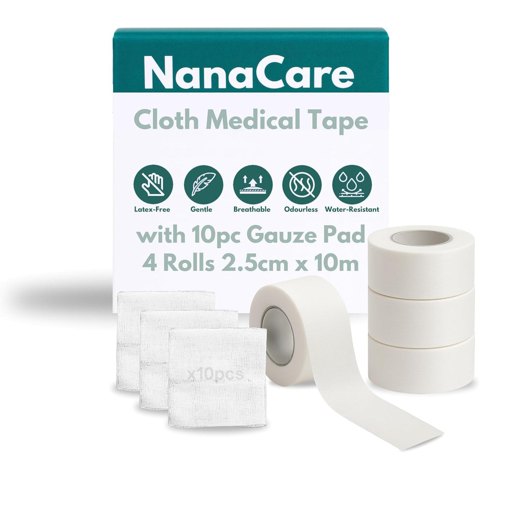 Cloth Medical Tape Waterproof, 4 Rolls x 1 inch + 10pc Gauze Pads | Hypoallergenic Surgical Tape For Wound Care
