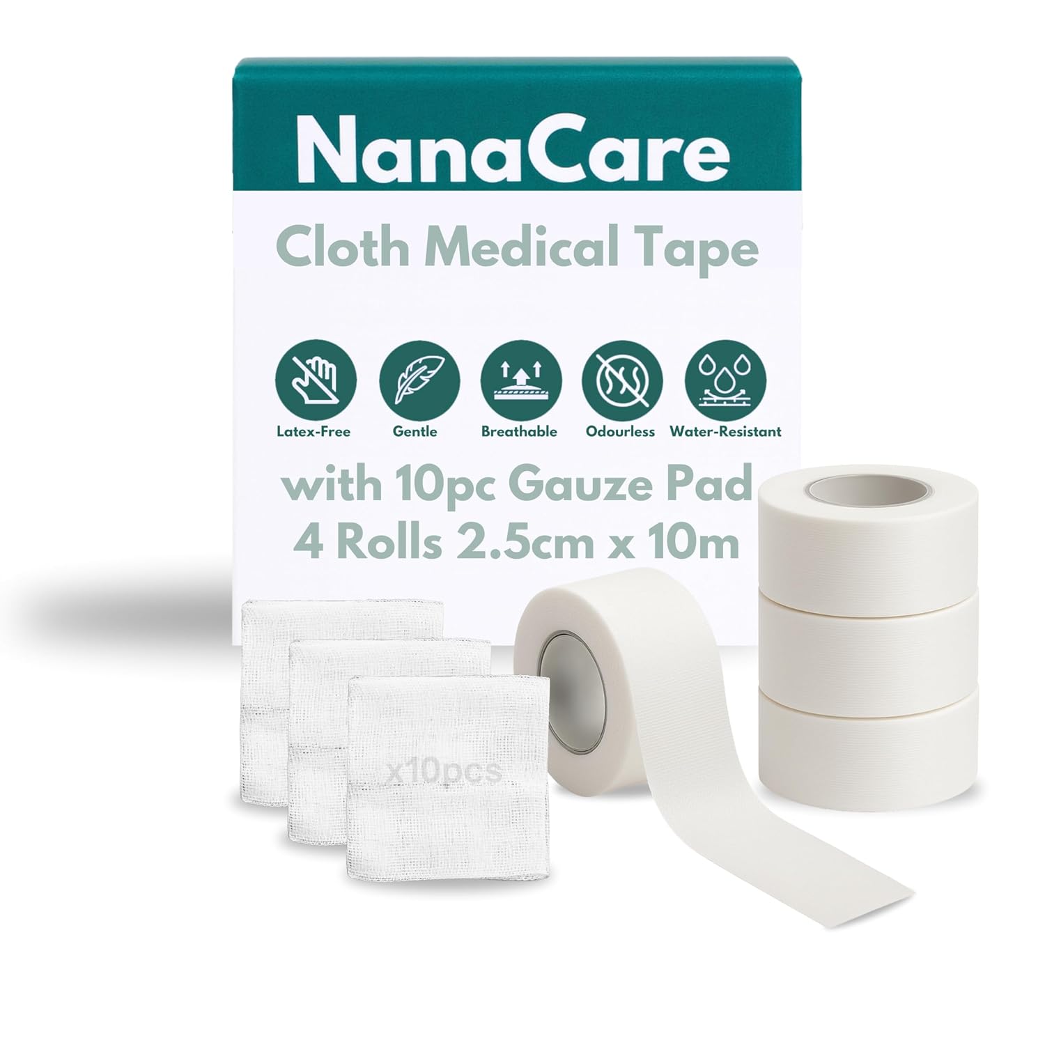 Cloth Medical Tape Waterproof, 4 Rolls x 1 inch + 10pc Gauze Pads | Hypoallergenic Surgical Tape For Wound Care