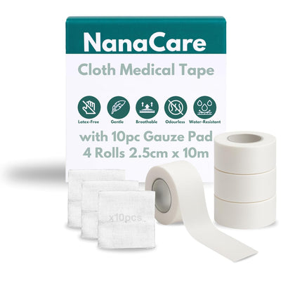 Cloth Medical Tape Waterproof, 4 Rolls x 1 inch + 10pc Gauze Pads | Hypoallergenic Surgical Tape For Wound Care