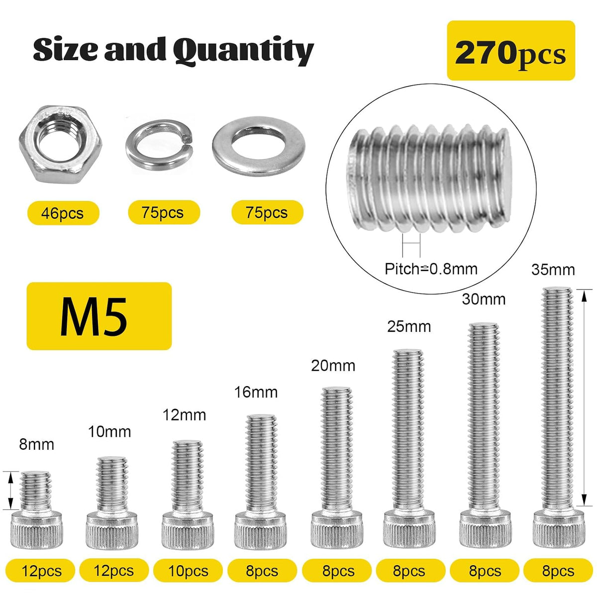 270PCS M5 Socket Screws Assortment Kit, M5x6/8/10/12/16/20/25/30 mm