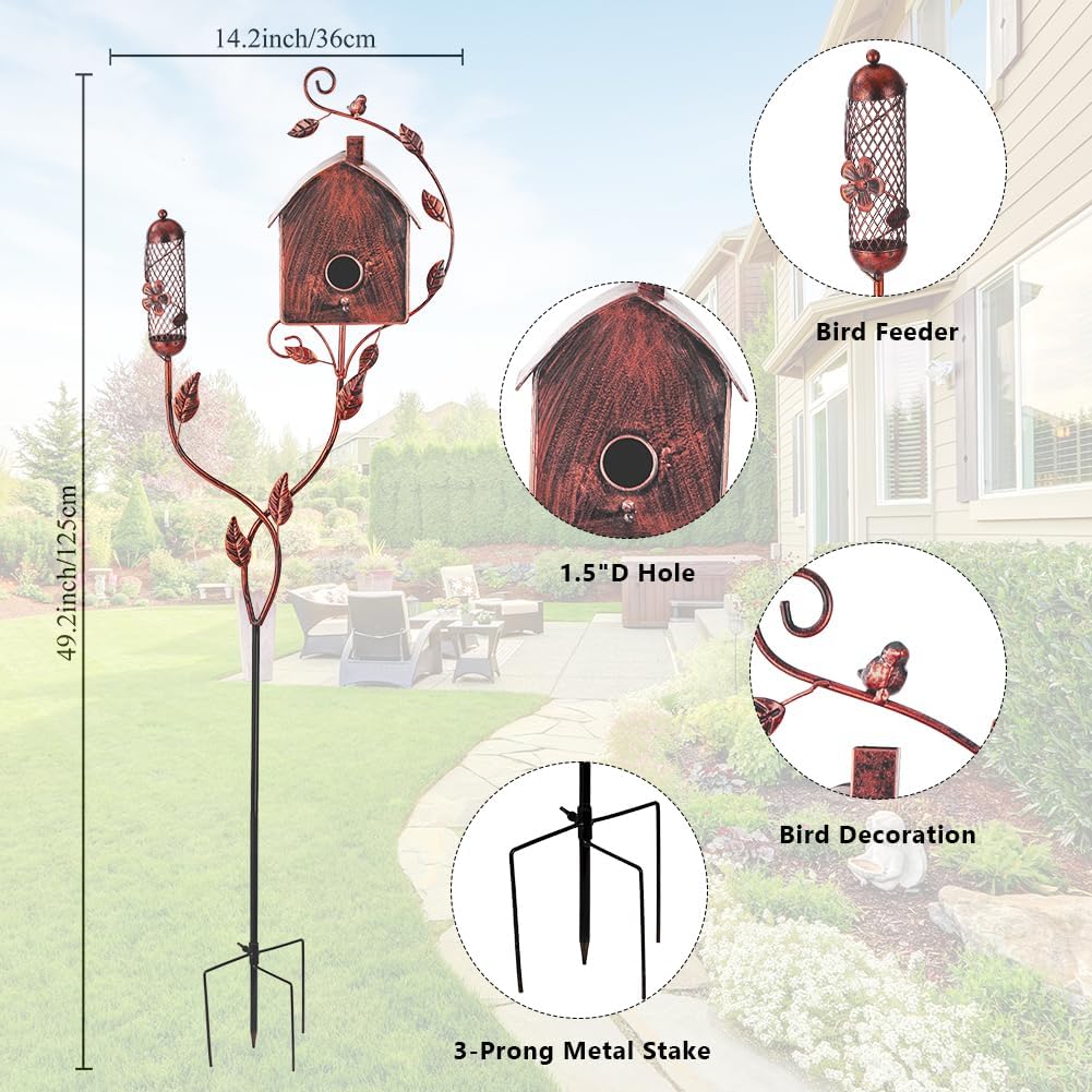 49" Bird Houses for Outside with Pole, Outdoor Metal Birdhouse with Mesh Feeder for Patio, Yard, Garden(Antique Bronze)