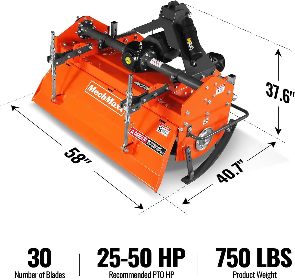 MechMax 48 in Rotary Tiller, 3 Point Hitch Cat.1 & 2, Gear Drive, PTO Shaft Included with Slip Clutch, 25–50 HP, MRT48