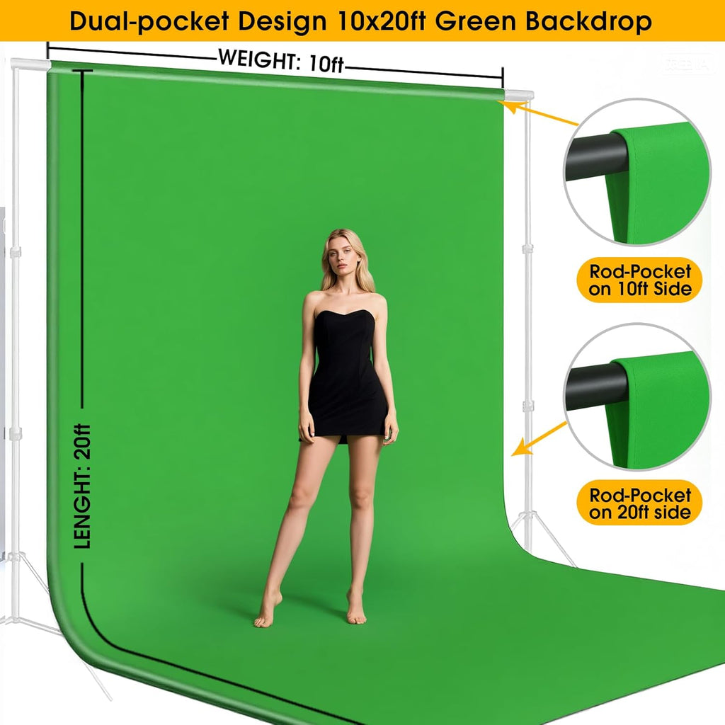 10x20ft Green Screen Backdrop for Photography, Dual-Size Dual-Pocket Design Chromakey Background for Photoshoot and