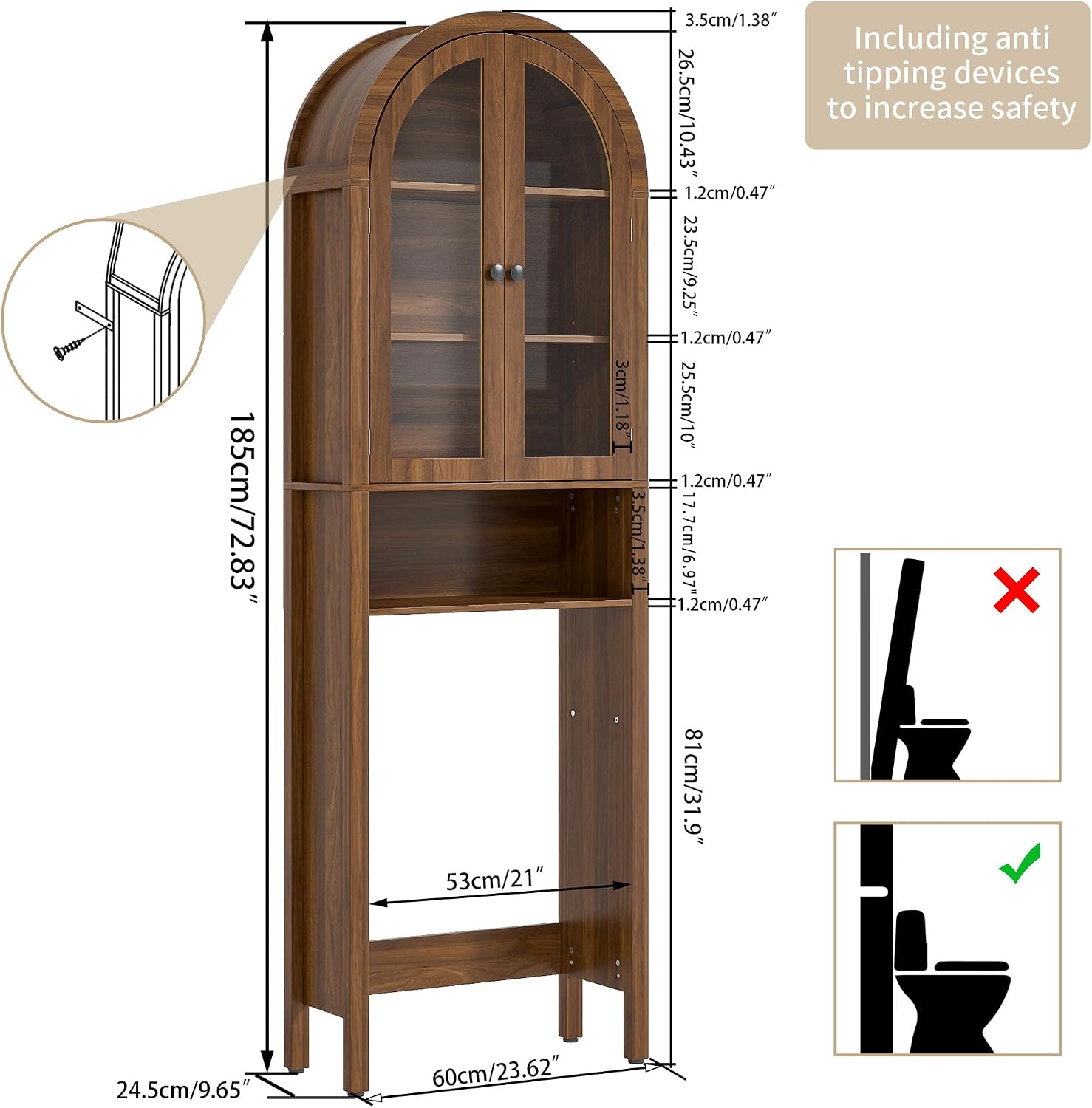 Arched Over The Toilet Storage Cabinet with Acrylic Doors, 4 Tier Small Bathroom Shelf Organizer, Mid Century Modern