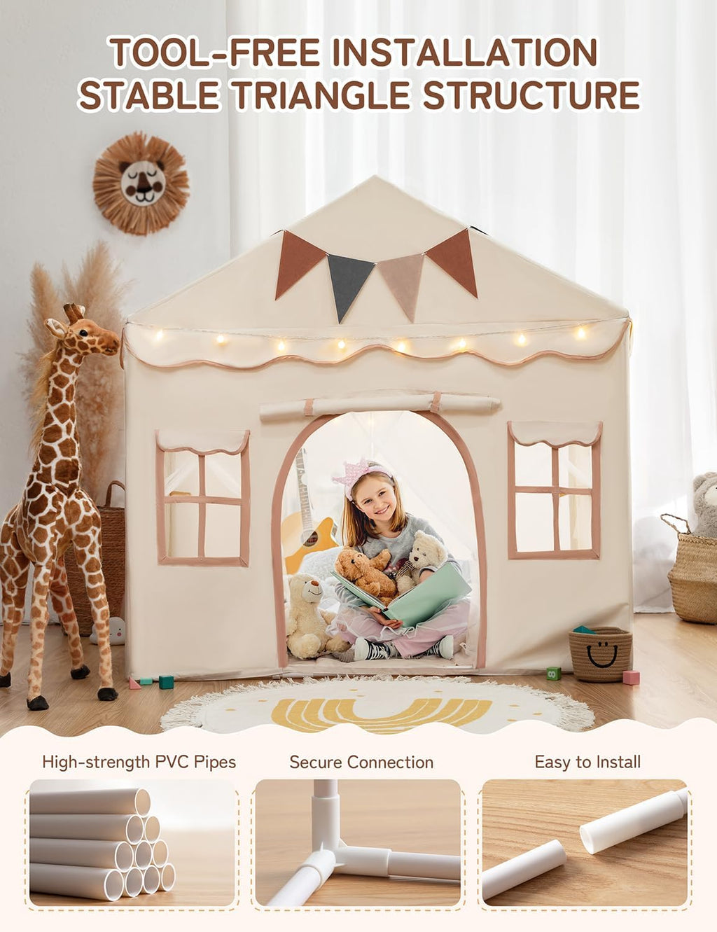 2-in-1 Kids Play Tent, Indoor Tent with Double Doors | 51" x 35" x 51", LED Lights, Soft Floor Mat, 4 Breathable