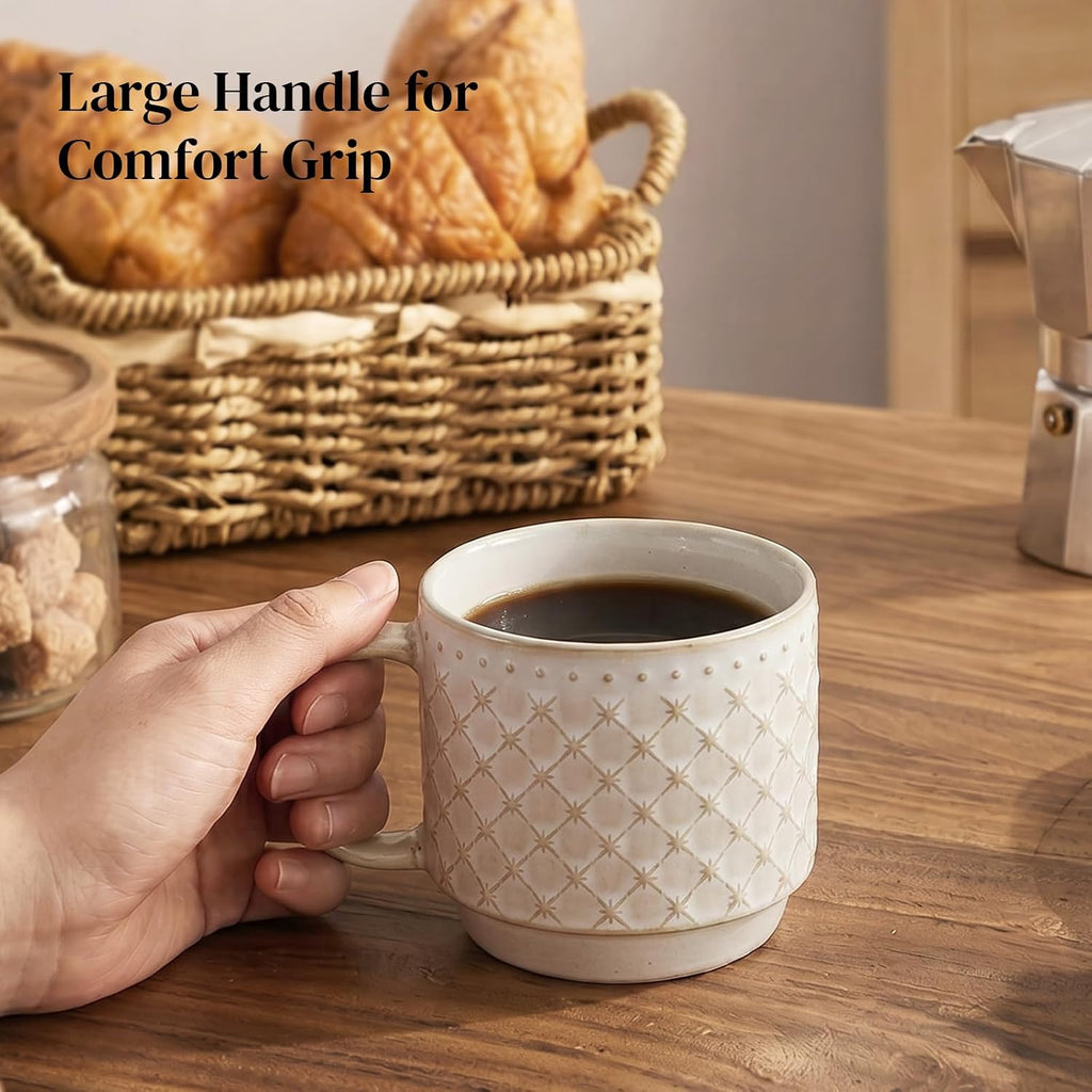 12oz Coffee Mugs Set of 4, Ceramic Coffee Mugs, Stackable Cappuccino Cups, Microwave Safe and Large Handle, Office