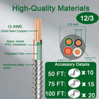 12/3 MC Cable 50FT, 12 AWG Metal Clad Wire with Ground