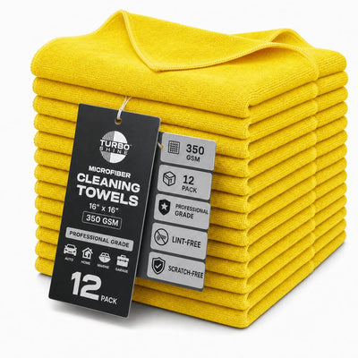 Premium Microfiber Cleaning Towels, 350 GSM, 16x16 Inch, 12 Pack, for Car, Glass, Bathroom and Home (Yellow, 16" x 16")