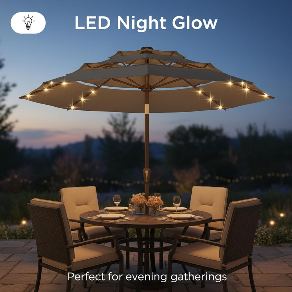 10ft Patio Umbrella with Solar Lights, 3 Tier Lighted Table Umbrella Outdoor Patio with Easy Crank & Tilt, 8 Sturdy