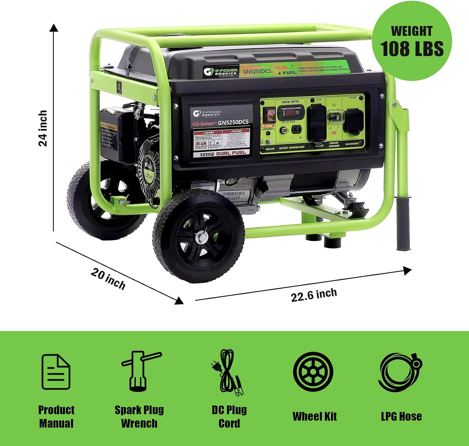 5250 Watt Dual Fuel Portable Generator, Gas & Propane, Manual Start, CO Protection System, Home Backup Power, RV Ready