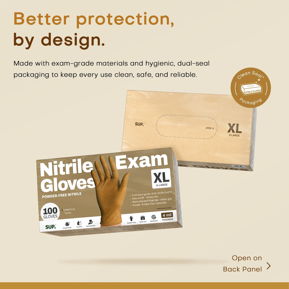 SUP Exam Plus Nitrile Gloves, Powder-Free Disposable, Trail Tan 100Ct (XL)