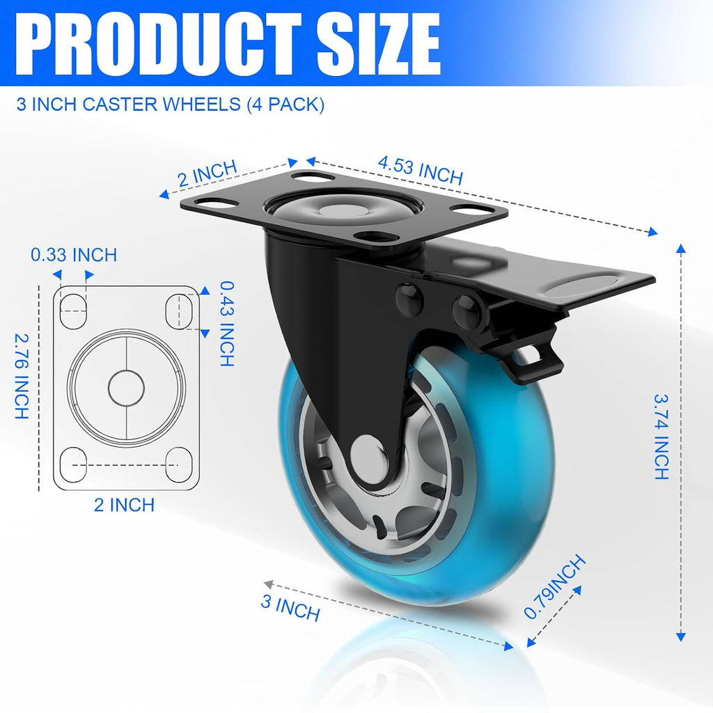 3 Inch Plate Casters Set of 4 Double Brake Heavy Duty | 1200 LBS, Non Marking & Quiet Blue Design, 360°Swivel, Wheels