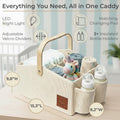 Diaper Caddy Organizer With Portable Changing Mat, LED Night Light, Wooden Handle & Shoulder Strap - Stylish Nursery