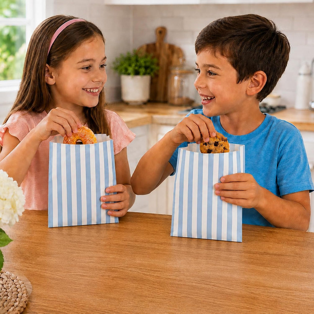120Pcs Flat Paper Bags, Sandwich Treat Bag, Blue White Stripe