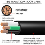 25ft SJOOW 18/3 Wire SJOOW Portable Power Cable,18 Gauge 3 Conductor Wire