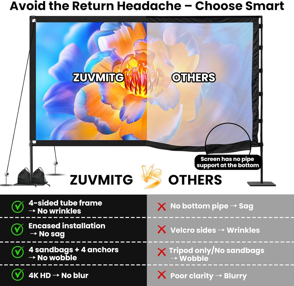 120inch Projector Screen with Stand: Portable Projector Screen Outdoor Indoor Front/Rear16:9 4K HD with Carry Bag