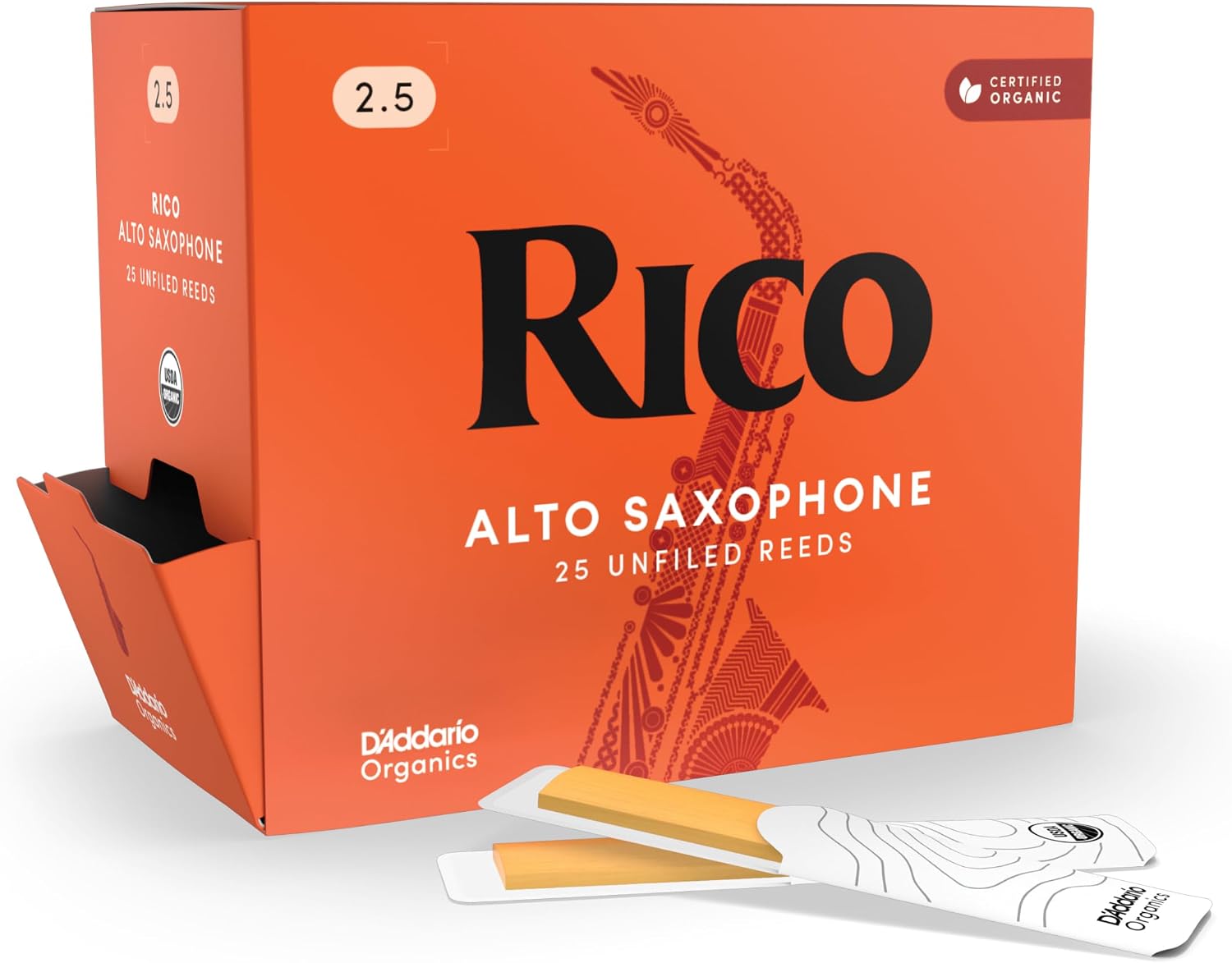Rico Organic Alto Saxophone Reeds, Strength 2.5, 25 Pack | Rico Organic Alto Saxophone Reeds provide consistent
