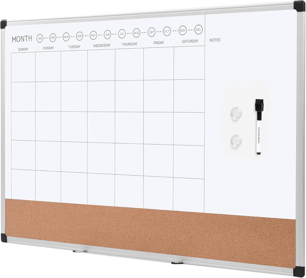 24" x 36" Monthly Whiteboard Calendar with Cork Board, Dry Erase Magnetic Whiteboard for Daily Planning, Wall