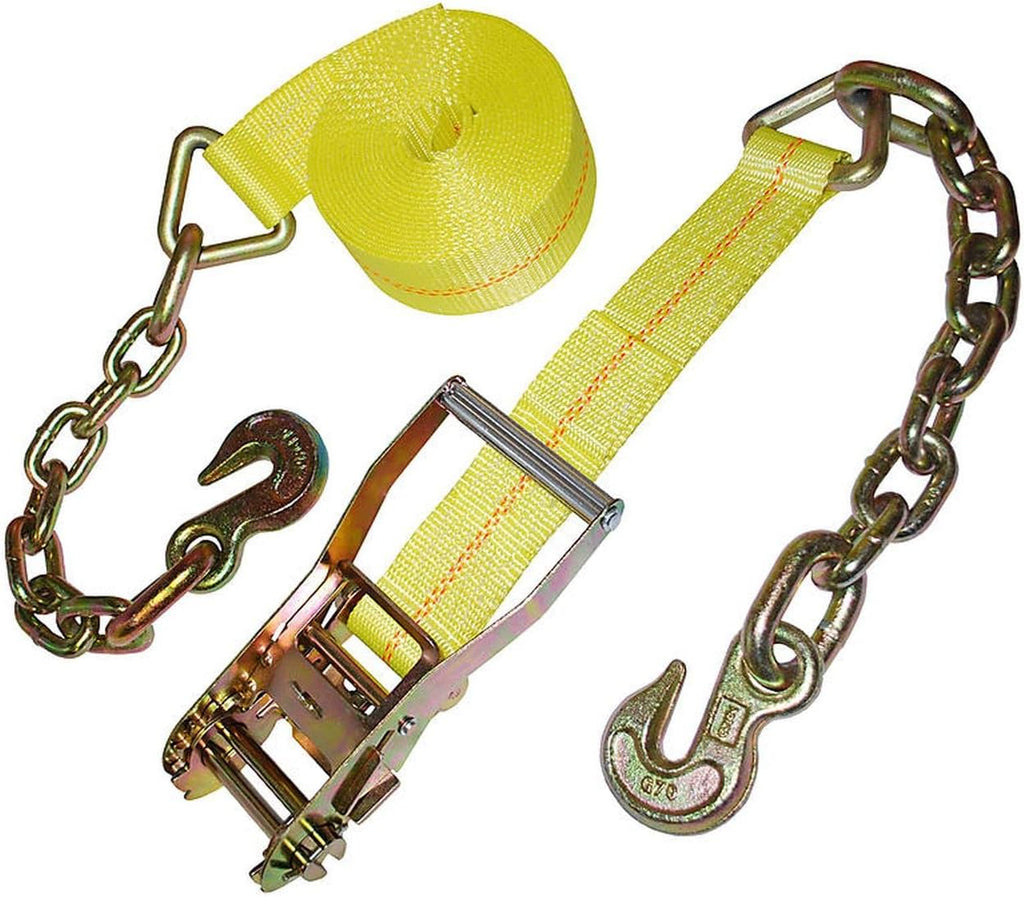 11-181 2in. x 27ft. Heavy Duty 10,000 LBS Capacity Ratchet Tie Down with Hook and Chain, Yellow