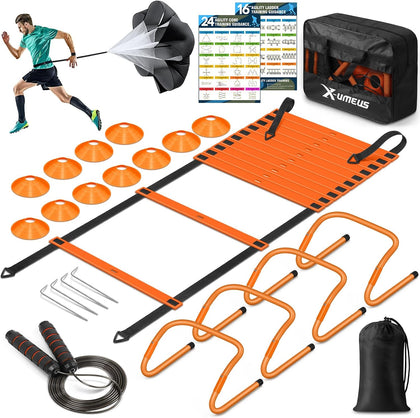 Agility Ladder Speed Training Equipment Set-20ft Agility Ladder,12 Soccer Cones,4 Hurdles, Jump Rope, Running
