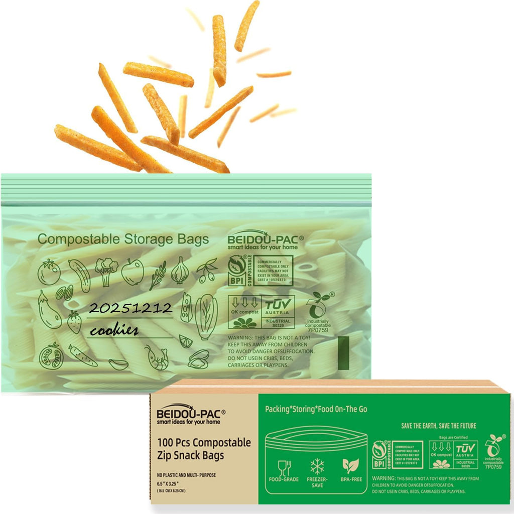 Compostable Snack Storage Zip Bags, 100 Count | 2 Mil | 6.5 IN x 3.25 IN, Freshness Easy Open Biodegradable