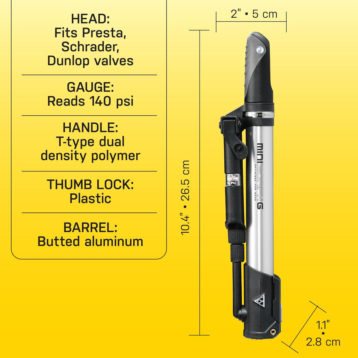 Mini Morph Bike Pump – Compact High-Pressure Portable Bicycle Pump – Fits Presta, Schrader & Dunlop Valves – Durable