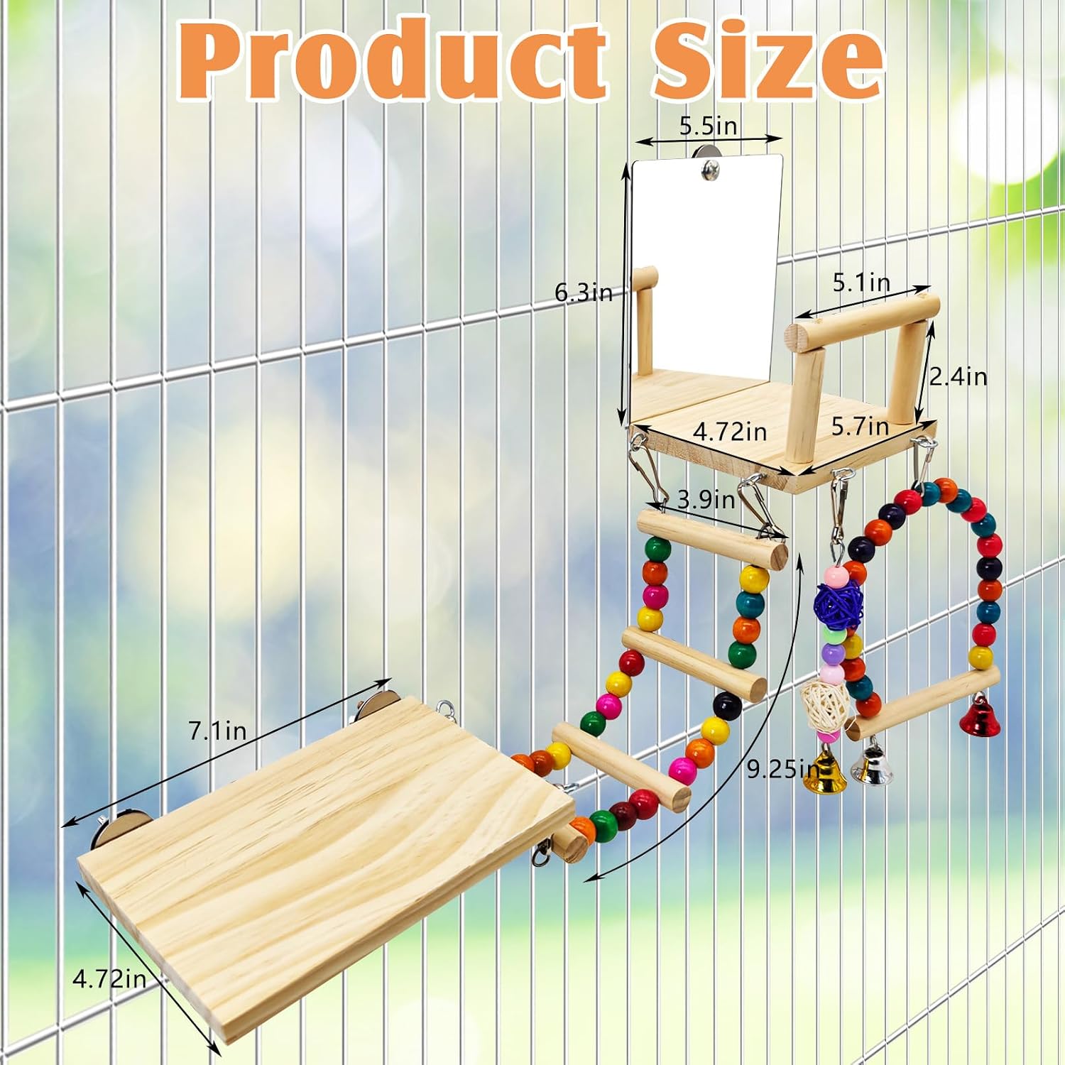 Bird Perch Platform with Mirror, Wooden Climbing Ladder for Parakeet, Small Bird Swing Toys with Hanging Chewing