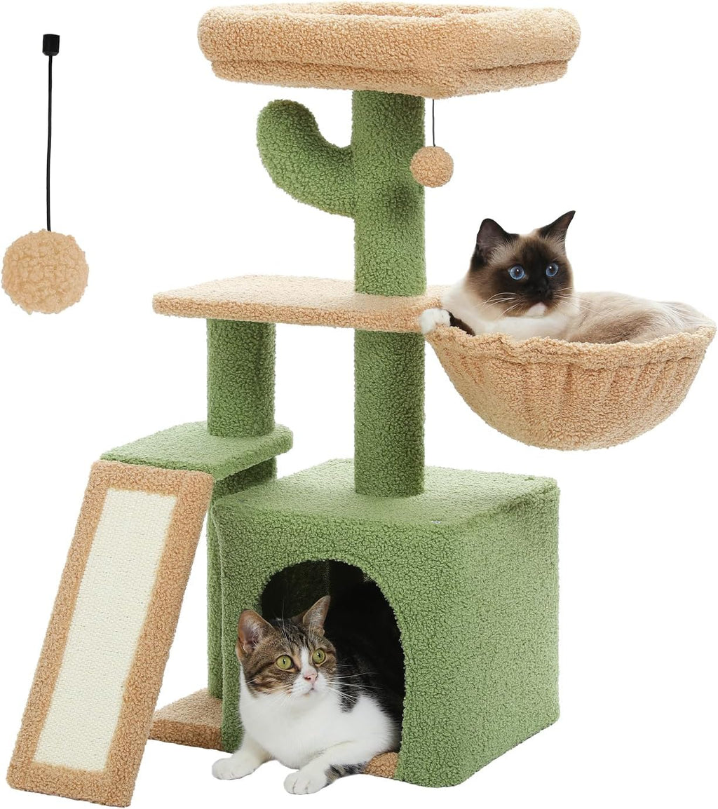 Cactus Cat Tree for Indoor Cats, 32'' Small Cat Tower Cat Condo with Sisal Scratching Ramp, Cozy Hammock and
