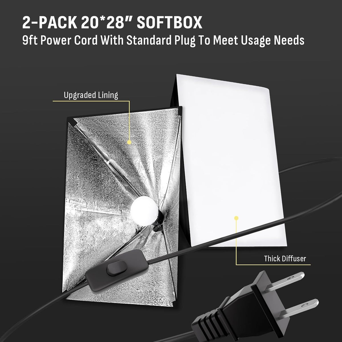 85W Photography Lighting, 2-Pack 20'' x 28'' Professional Softbox Lighting Kit with 53'' Boom Arm & 91'' Tripod