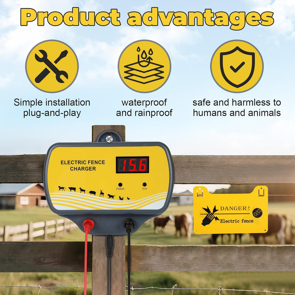 Electric Fence Charger 12V Input to 12KV Output, 2 Joule, 120 Acre Plug-in Electric Fence Energizer for Wildlife