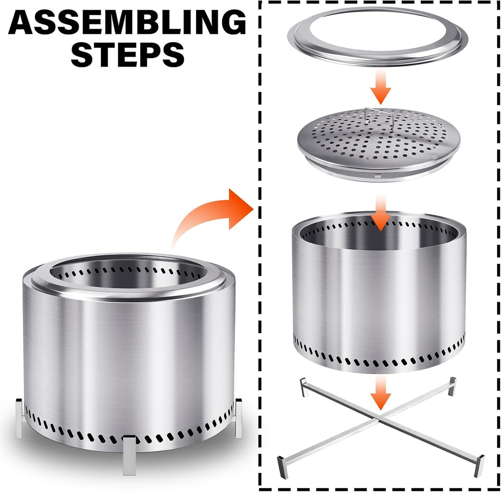 20 Inch Smokeless Fire Pit with Stand, Stainless Steel Wood Burning Stove, Outdoor Firepit with Removable Ash Pan for