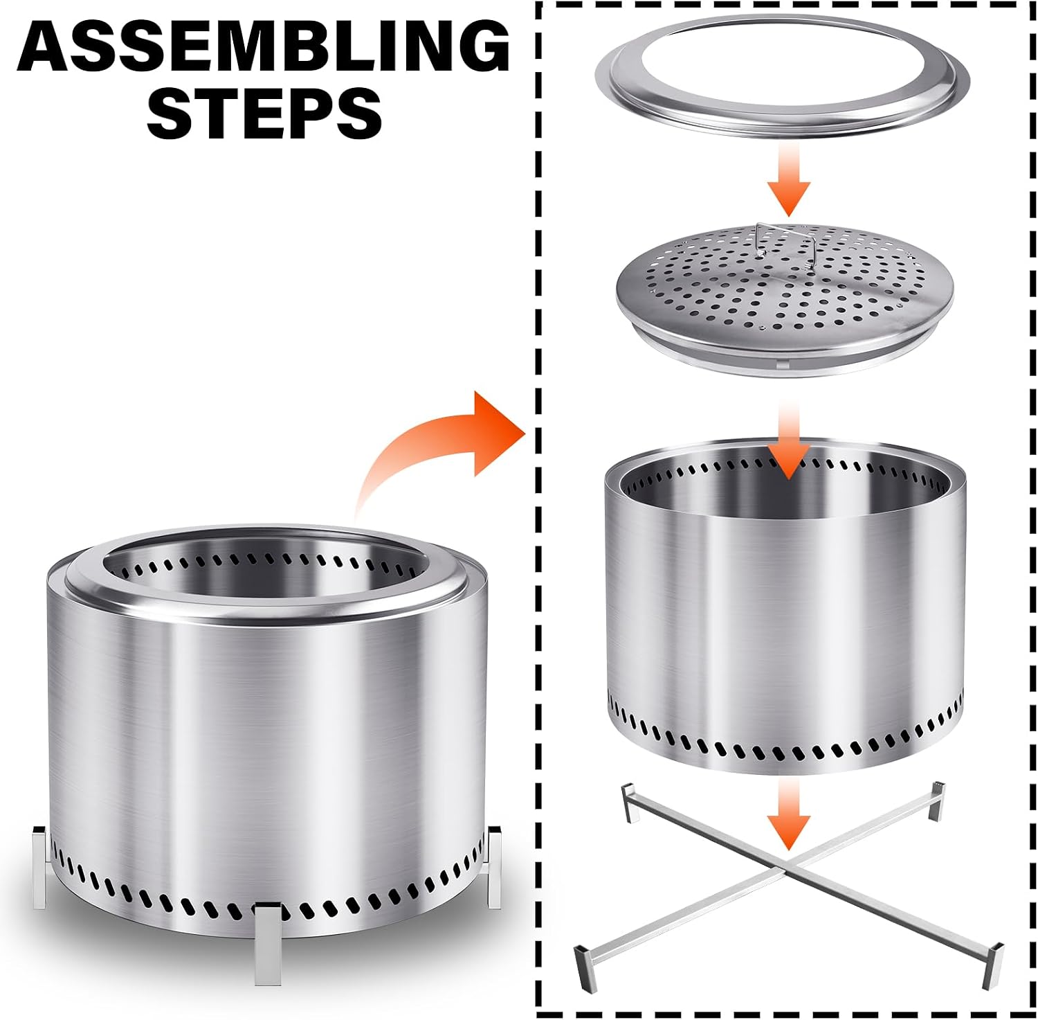 20 Inch Smokeless Fire Pit with Stand, Stainless Steel Wood Burning Stove, Outdoor Firepit with Removable Ash Pan for