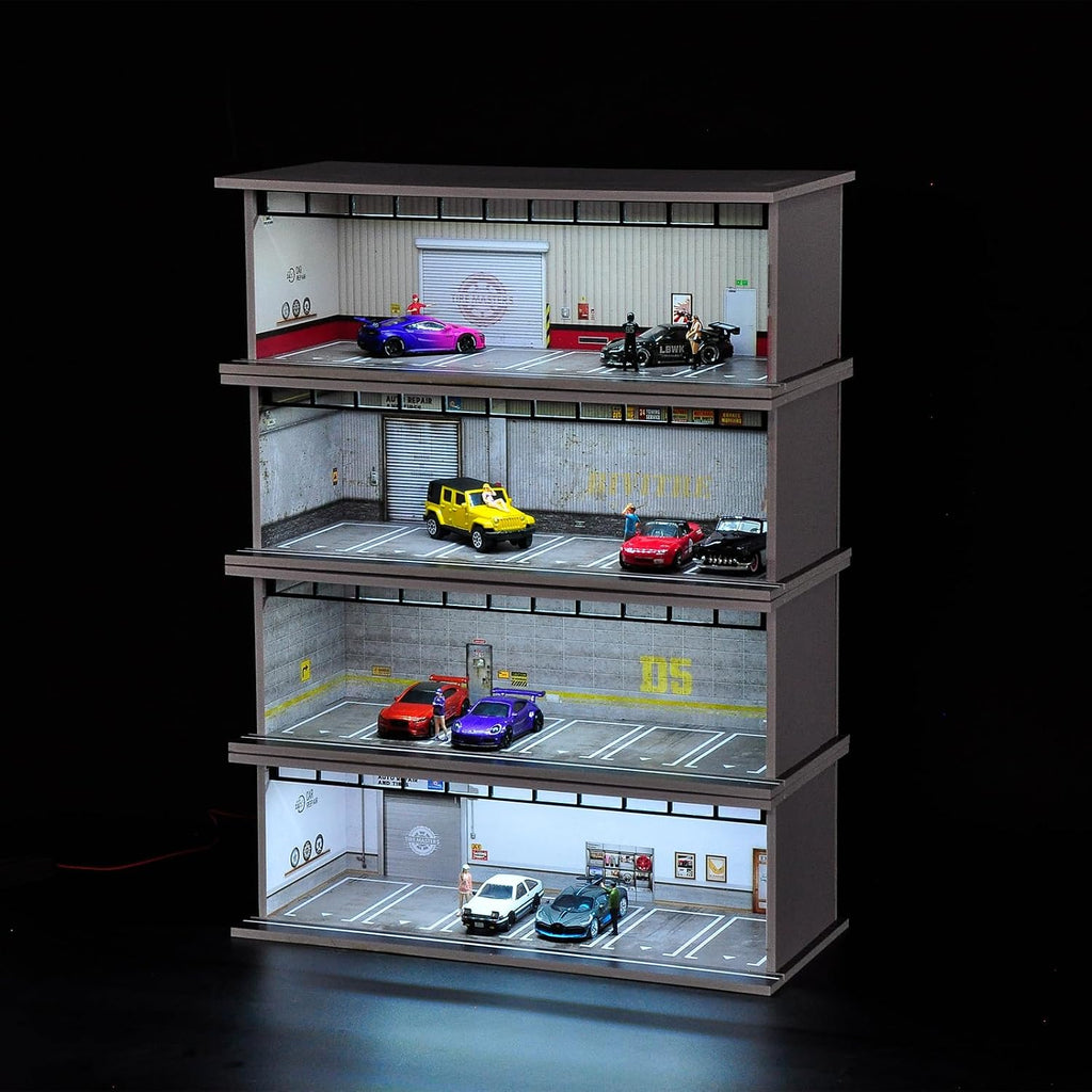1/64 Diorama Display Case with LED Lights for 1/64 Scale Model Car | Stackable Garage Compatible with Hot Wheels