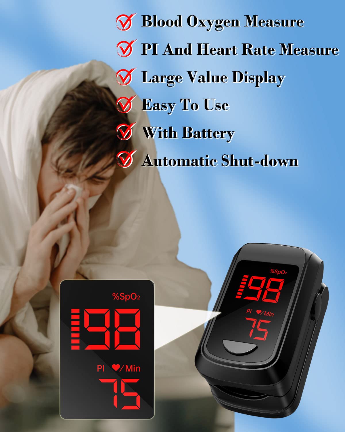 Pulse Oximeter Fingertip - Large Display Oxygen Monitor Fingertip with Fast 5-8s Reading for SpO2/Heart Rate/PI