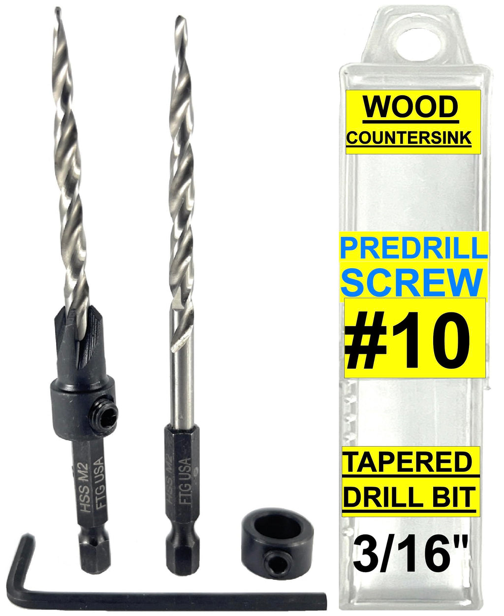 FTG USA #10 (3/16") Tapered Countersink Drill Bit Hex Set Stop & Spare