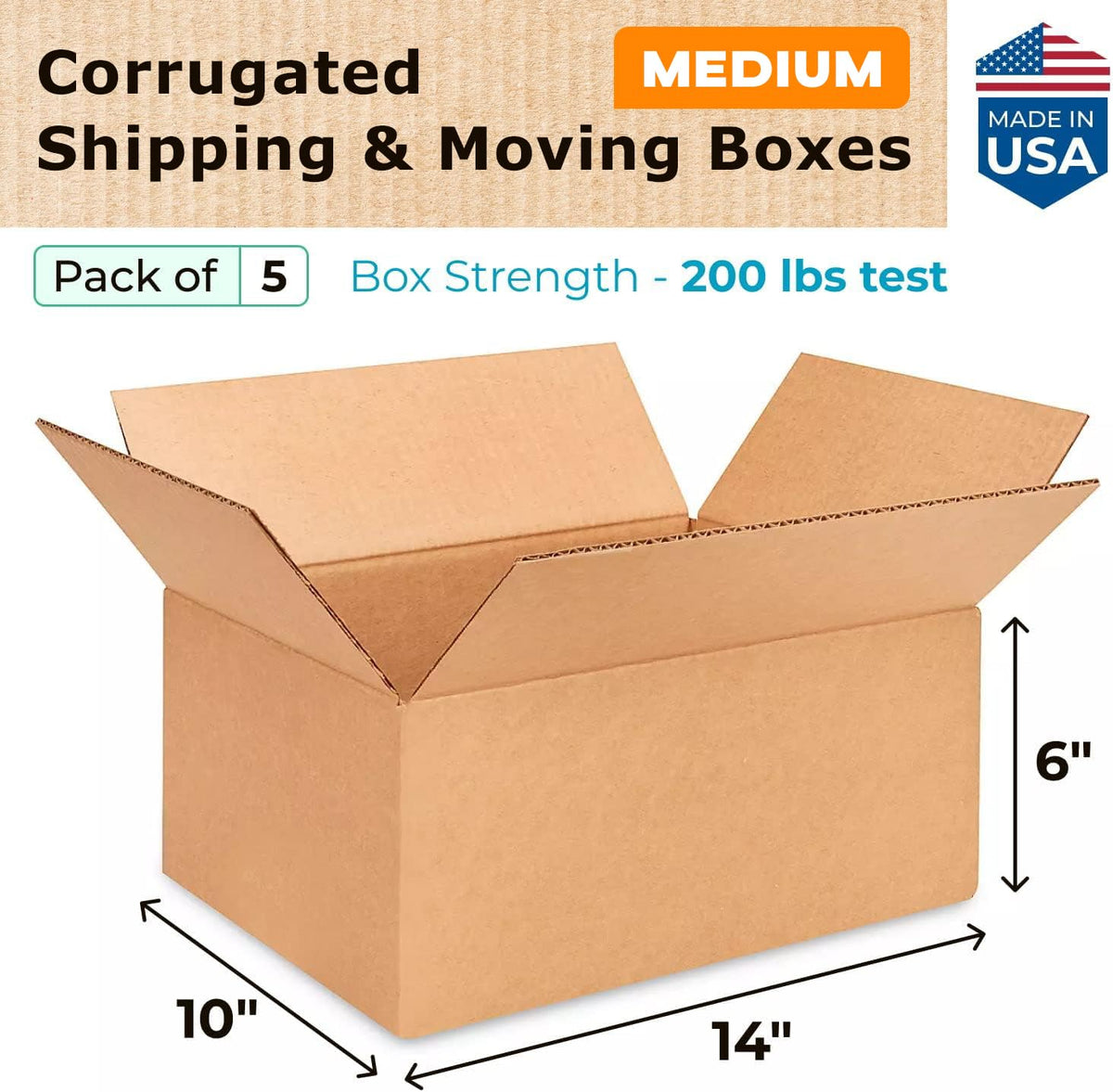 Medium Moving & Shipping Boxes 14 x 10 x 6 inches (5-Pack) - Extra Strength 200 lb vs Regular - Corrugated Strong
